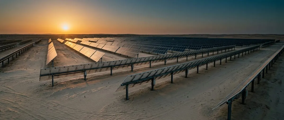 Rows of bifacial solar modules on single-axis trackers over pale desert sand in the UAE at golden hour