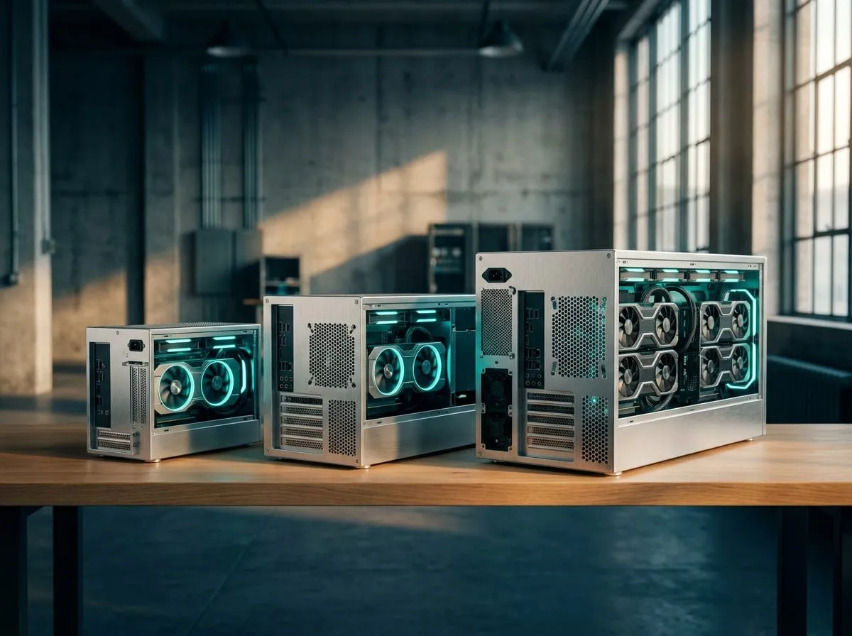 Three GPU server units of different sizes staged side by side for deployment