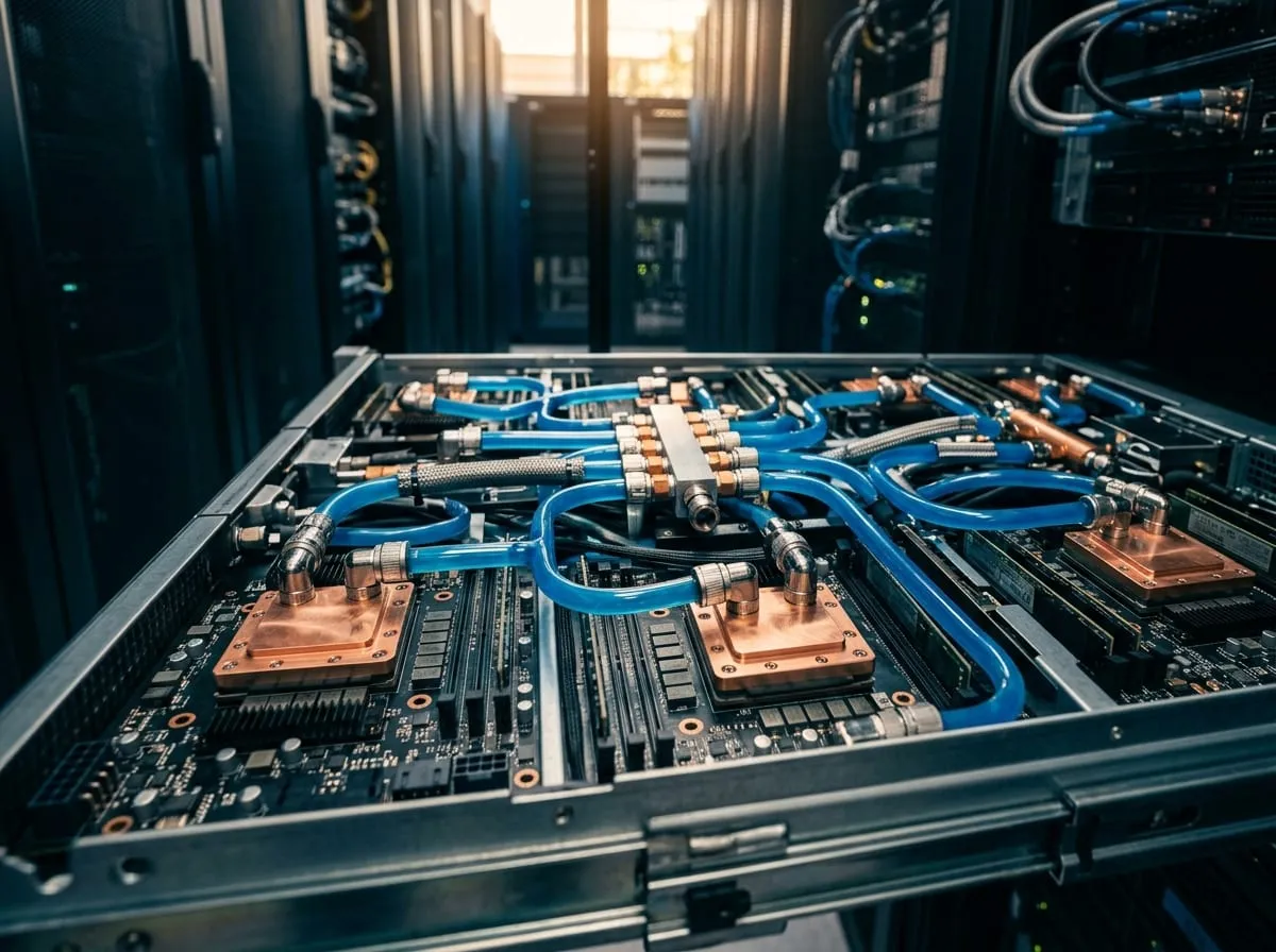 Liquid cooling cold plates and coolant manifold tubing inside an open GPU server tray