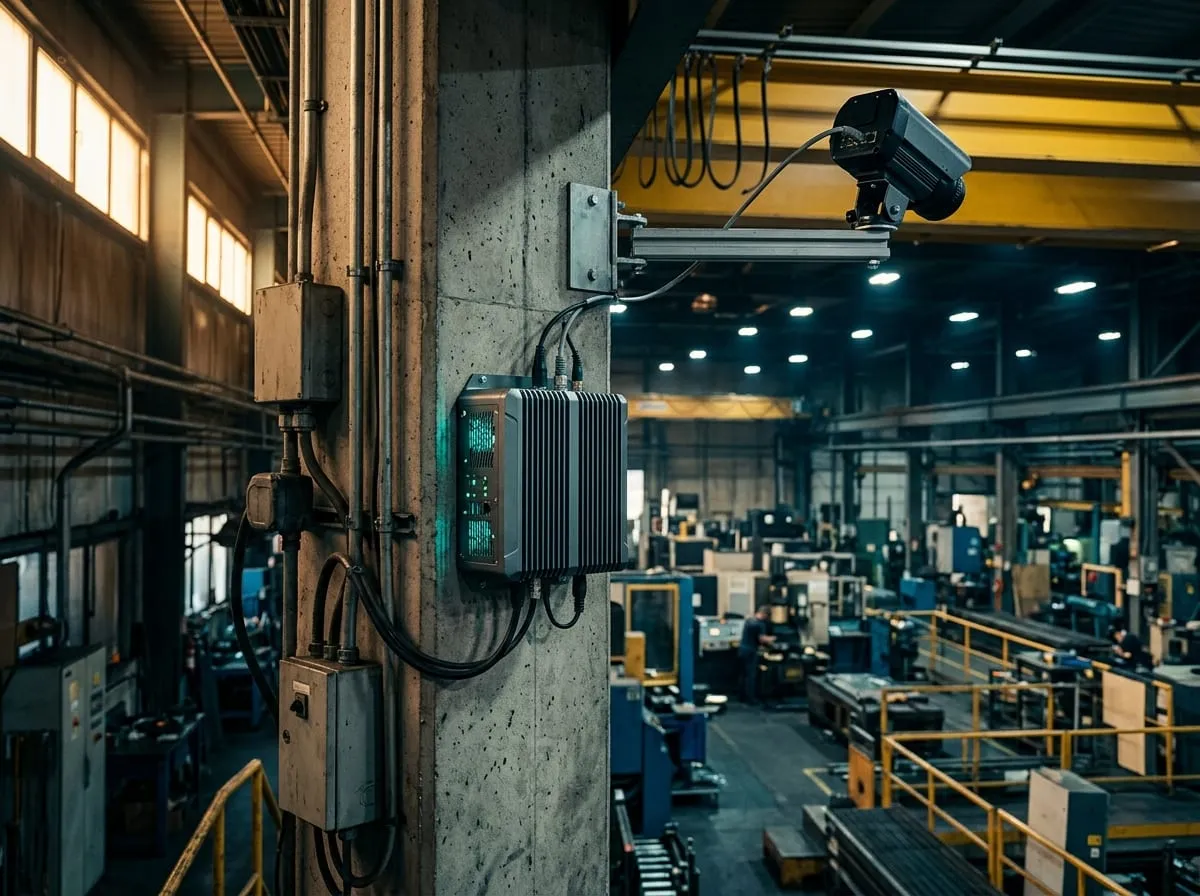 Compact ruggedized edge AI computer mounted on a wall in an industrial facility