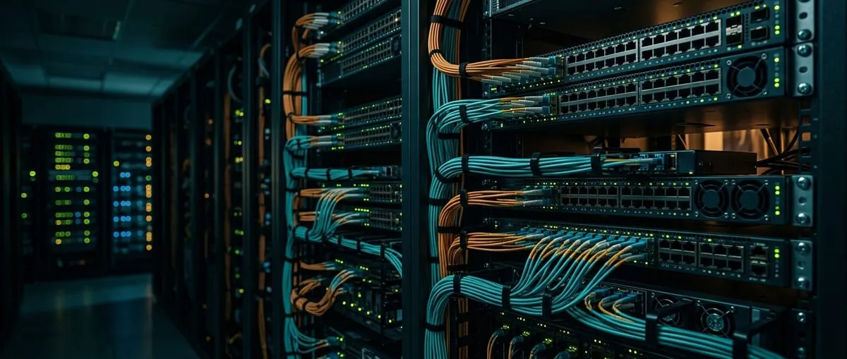 Top-of-rack switches with dense bundles of teal and amber fibre cables linking GPU servers in a dim AI data centre aisle