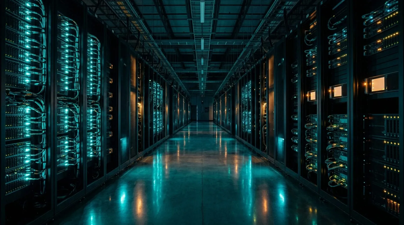 Datacenter aisle of dark server racks with teal lights reflected on a polished floor