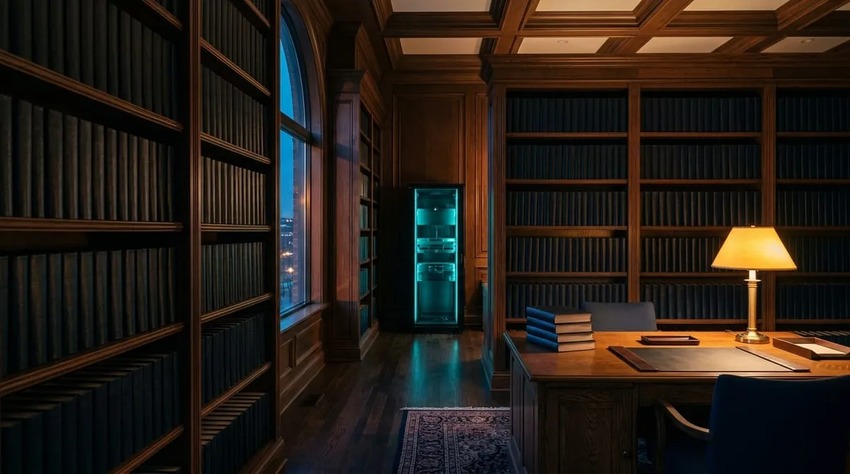 Law office library with a discreet glowing server cabinet beside warm desk lamps