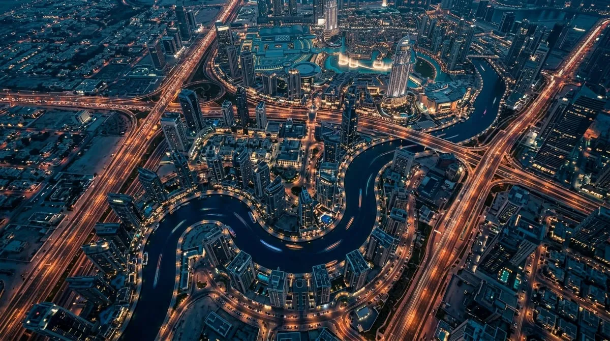 Stylized aerial view of Business Bay, Dubai
