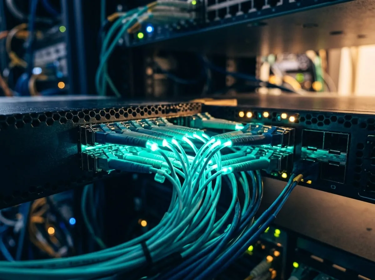 Dense fiber optic cables glowing teal in a high-speed network switch