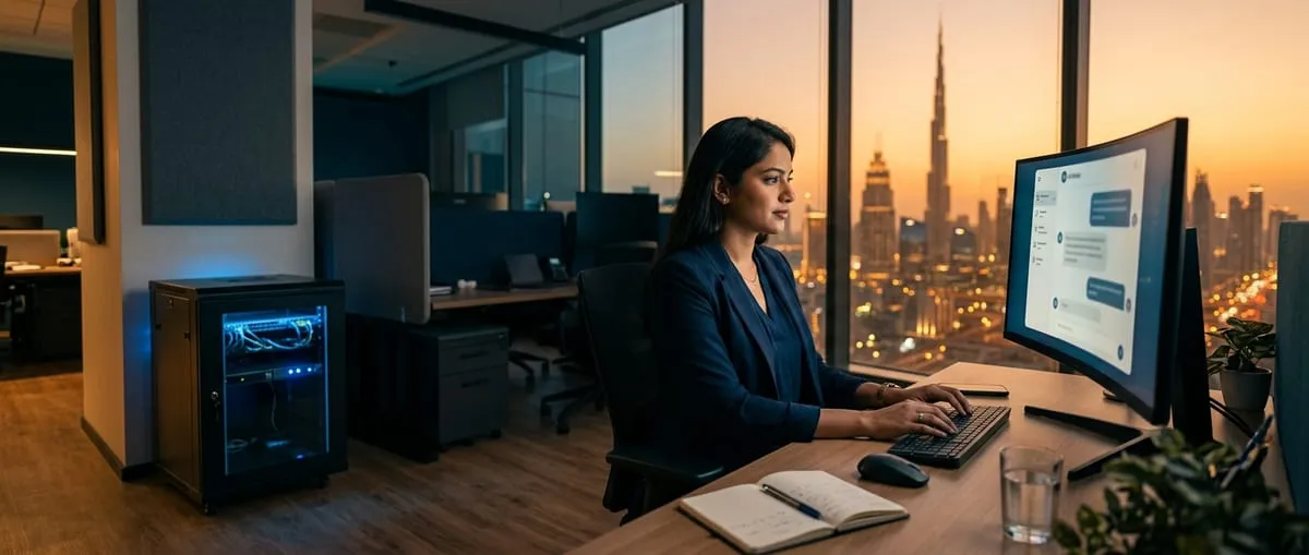 Office worker at a desk using an AI assistant on a screen, with a locked server cabinet glowing softly in the corner