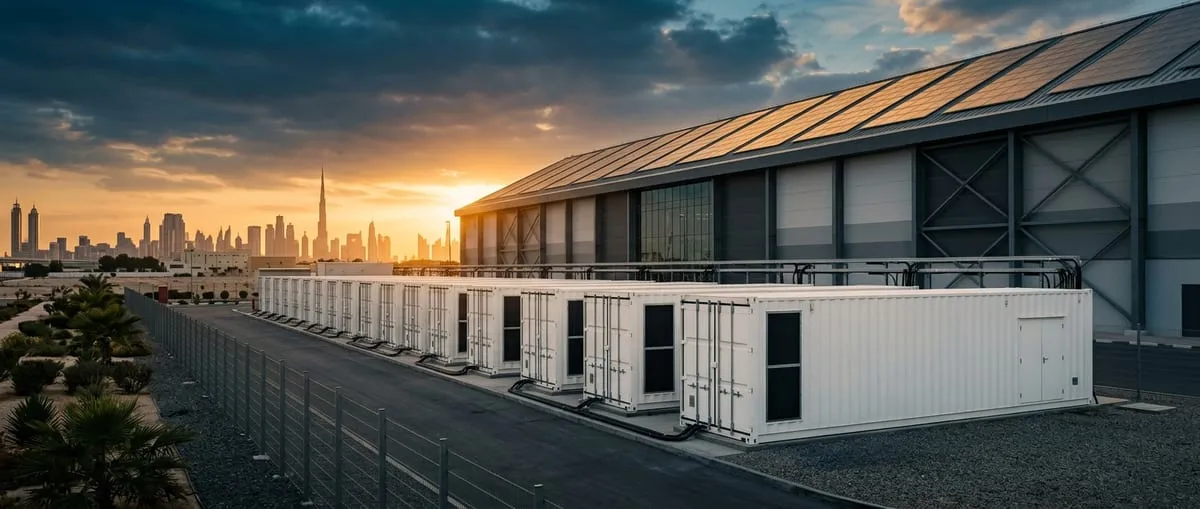 Row of containerised battery storage units beside a factory with rooftop solar in the Gulf, lit by warm evening sun